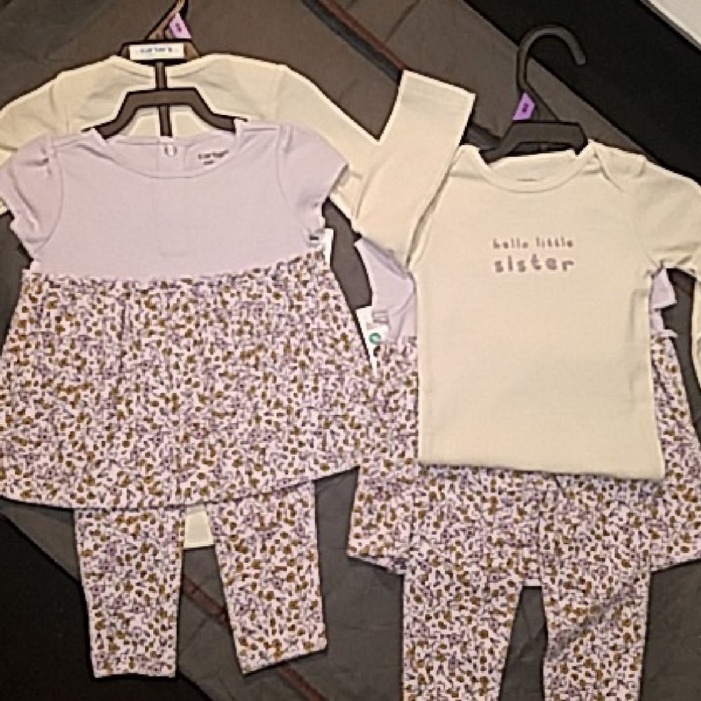 Baby Toddler 3 Piece Legging Set Cream & Purple Flowers 2 Tops
